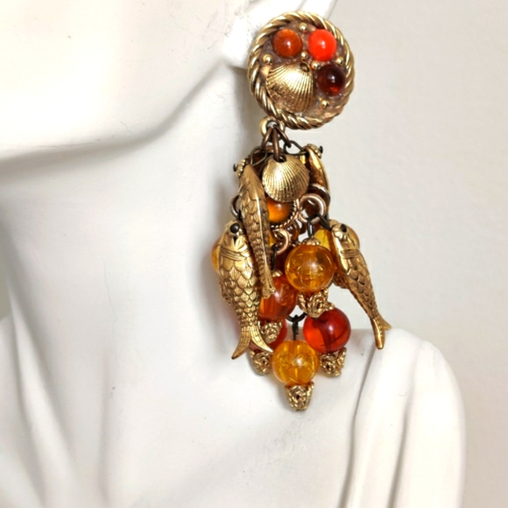 Vintage Runway Lucite Beads & Fish Charms Dangling Earrings
